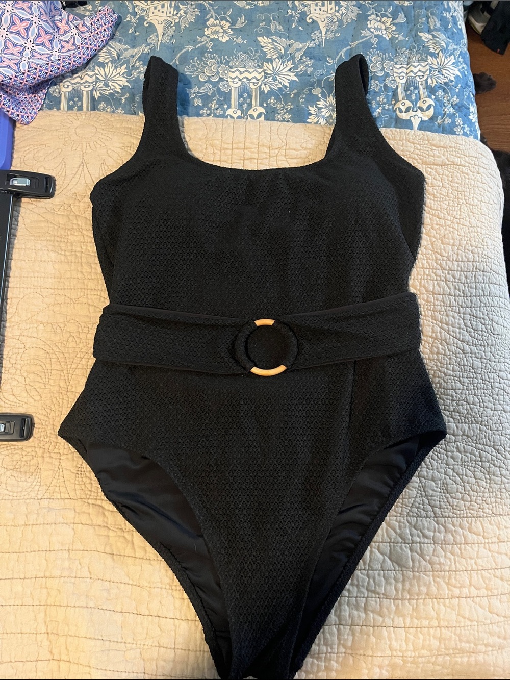 Old Navy Black Textured One-Piece Swimsuit with Belt Buckle